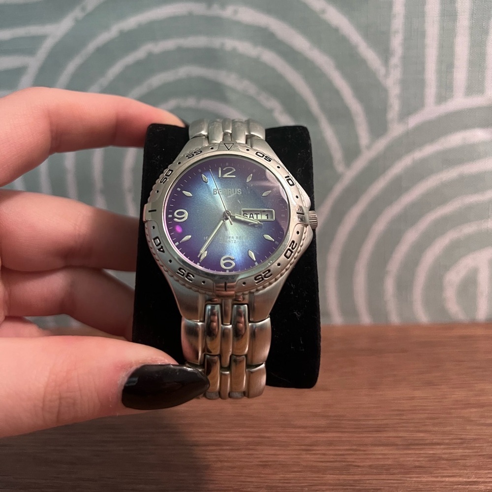 Silver Watch with Blue Dial - Benrus 6.5 Inch Wrist Size